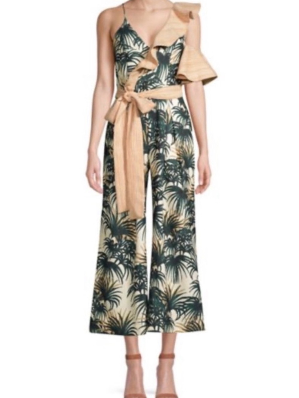 PatBO Cream & Dark Green Tropical One-Shoulder Jumpsuit with Tan Ruffle Tie